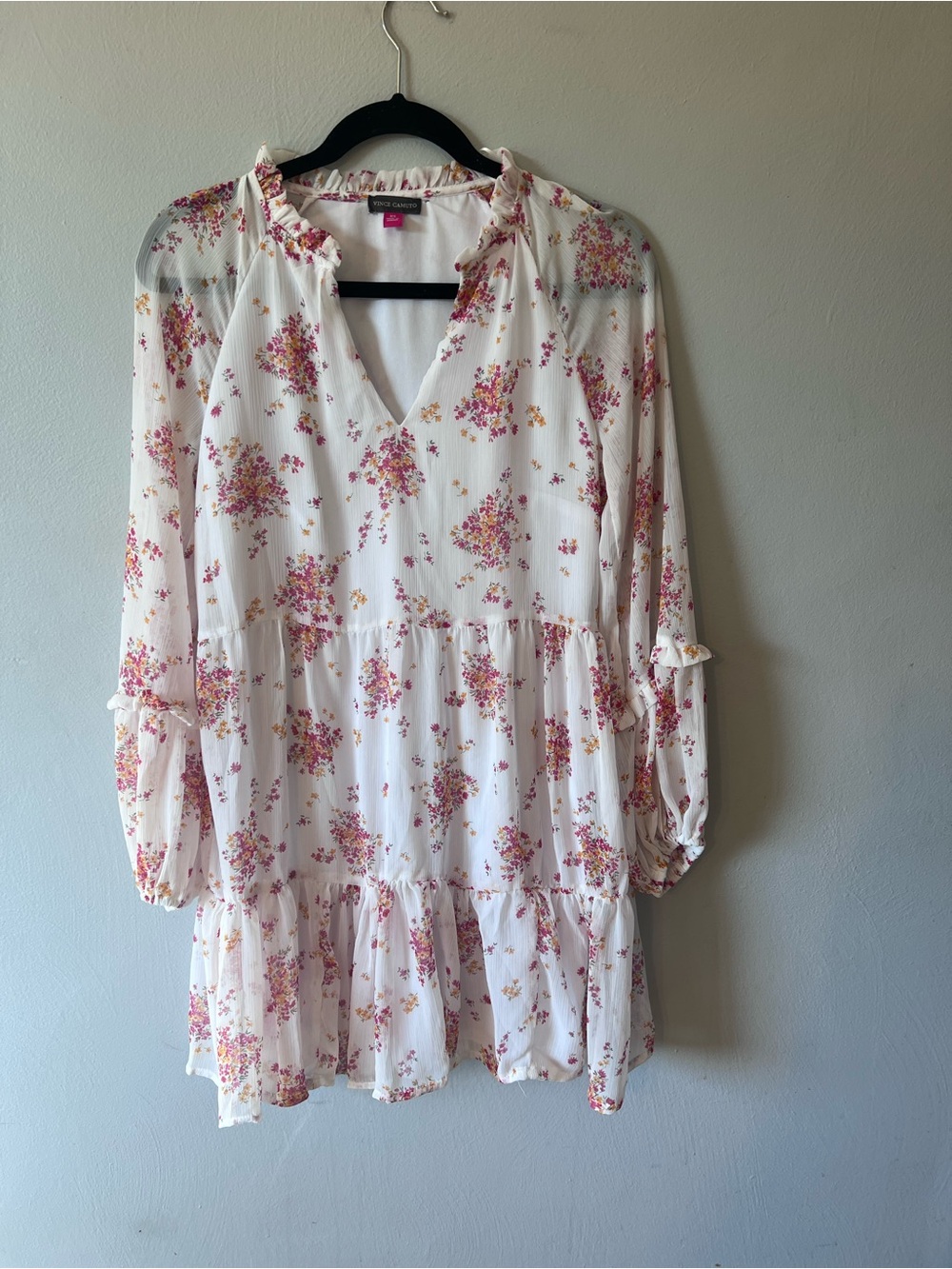 Vince Camuto White Tiered Floral Long-Sleeve Dress with Pink & Gold Accents